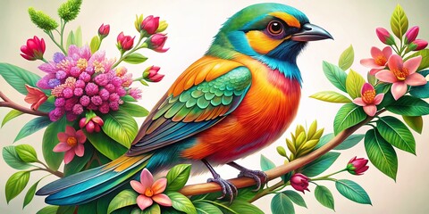 Obraz premium A Multicolored Bird Perched on a Branch Surrounded by Lush Green Leaves and Delicate Pink Flowers, Capturing the Essence of Nature's Beauty and Vibrant Colors