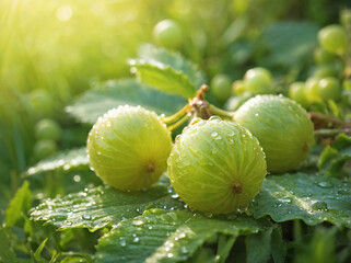Fresh amla fruits glistening with dew, lying on a bed of green grass in a serene garden.