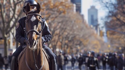 Officers on horseback navigate through a lively urban street lined with fall-colored trees