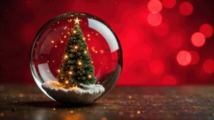 Christmas tree in a glass ball, Christmas toy on a red background with lights