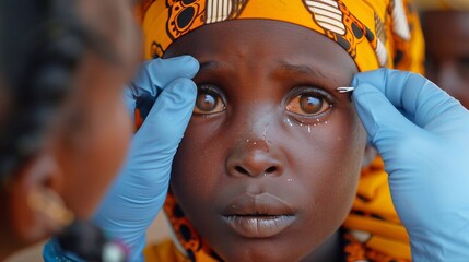 Obraz premium A young girl in a rural area shows concern while receiving trachoma treatment