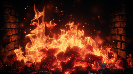 Obraz premium Flames and embers dance in the warm glow of a cozy fireplace during a chilly winter evening