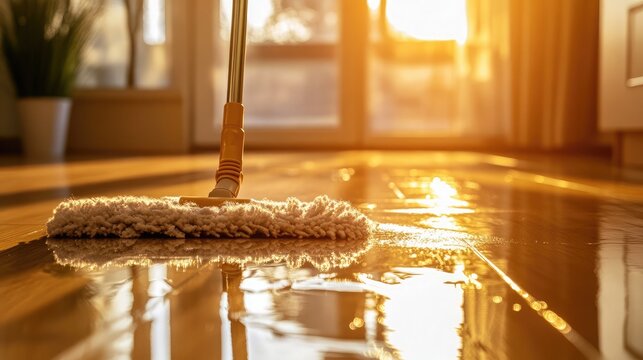 Warm Golden Light Reflects Off Newly Cleaned Hardwood Floor With Mop, Capturing Moments of Freshness and Shine in an Inviting Home Environment
