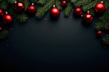 Christmas or New Year background 2025 with Christmas tree branches dark background red glass balls decoration, fir branches. Top view copy space