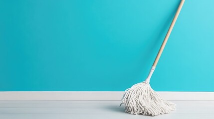Bright Blue Wall with Clean White Mop on Light Floor, Symbolizing Tidiness and Freshness in Interior Spaces and Cleaning Environments