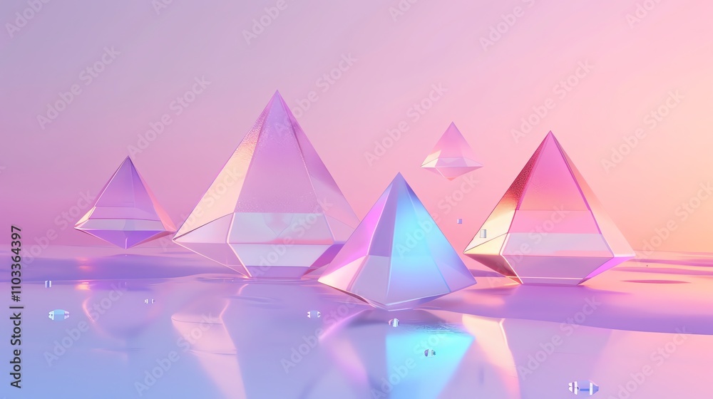 Wall mural a digital art piece with colorful iridescent pyramids floating above a reflective surface.