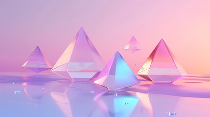 A digital art piece with colorful iridescent pyramids floating above a reflective surface.