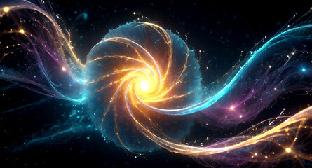 A dynamic background showing swirling particles and glowing energy waves, symbolizing quantum computing.