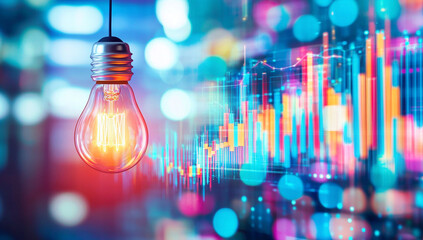 glowing light bulb illuminates vibrant upward trending graph, symbolizing innovation and growth in data analysis. colorful background enhances dynamic feel of progress