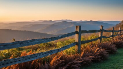 Serene Sunset Behind Blue Ridge Mountains with Rustic Fence