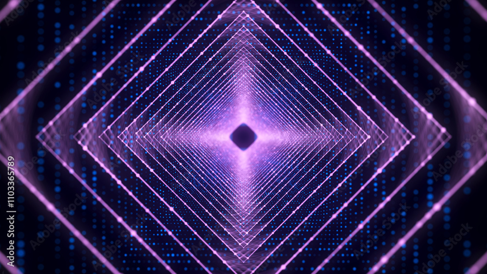 Aufkleber Abstract 3d portal. Square tunnel or wormhole. Digital background with connected blue dots. 3d rendering.