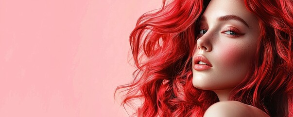 A woman with striking red hair poses elegantly, her curls cascading over her shoulder as she confidently gazes into the distance with a soft expression