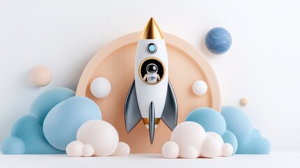 A toy rocket with a metallic finish and astronaut figurine displayed against a modern pastel background, featuring blue and beige spherical decorations.