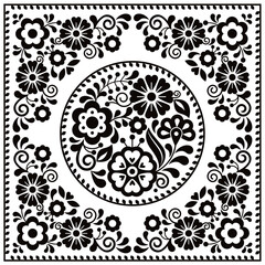 Mexican folk art style vector greeting card design with round floral pattern in frame, floral embroidery style from Mexico in black and white Non AI generated
 