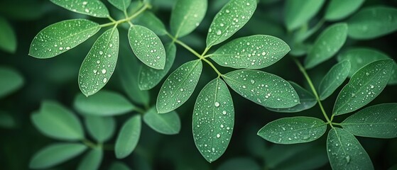 Fototapeta premium Lush green leaves are adorned with glistening raindrops, highlighting the importance of nature and sustainability in a tranquil garden environment