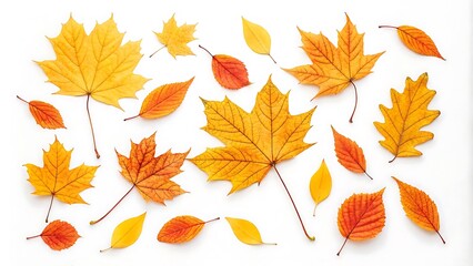 Naklejka premium A visually appealing photostock image showcasing a flat lay composition of autumn foliage, creating a warm and inviting aesthetic.
