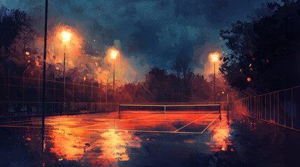 vibrant tennis court illuminated by stadium lights at night, reflecting on wet surfaces. atmosphere is moody and dramatic, perfect for evening matches