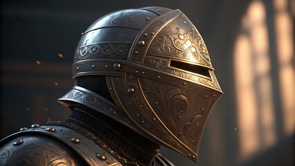 A visually striking photostock image showcasing a highly detailed 3D render of a knight's helmet, illuminated with cinematic lighting.