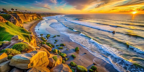 Aerial View of Carlsbad Beach at Sunset Highlighting Mossy Boulders and Vibrant Waves in California's Coastal Landscape