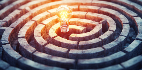 maze with illuminated light bulb at center symbolizes clarity and inspiration amidst confusion. This image evokes sense of hope and guidance in challenging situations