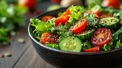Fresh and Vibrant Salad Bowl with Greens, Tomatoes, Cucumber, Avocado, Seeds, and Dressing on Wooden Table Background