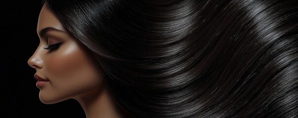 Fototapeta premium A stunning brunette with straight shiny hair poses gracefully, emphasizing her elegance in a minimalist setting that accentuates her natural beauty and features