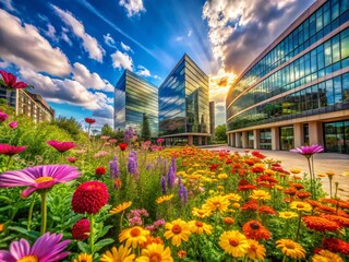 Fototapeta premium Architectural Photography of a Serene Summer Field Framed by Flowering Plants, Showcasing Nature's Beauty in Perfect Harmony with Man-Made Structures Against a Clear Blue Sky