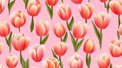 Beautiful Vibrant Pink and Orange Tulips in Bloom with Green Leaves on a Soft Pink Background