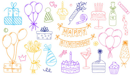 Party hand draw outline elements. Birthday decorations hat, balloons, festive gift boxes, candles, cakes, firecracker. Great for birthday parties, textiles, banners, wallpapers, wrapping. Vector 