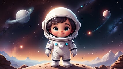 Naklejka premium cute cartoon astronaut character in white space suit in front of the Milky Way galaxy 
