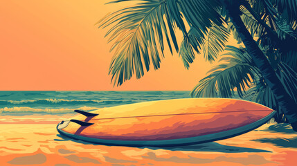 vibrant surfboard resting under palm tree on tropical beach, capturing essence of summer and relaxation. warm colors evoke serene atmosphere