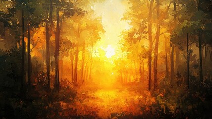 Golden light shines through a dense forest, creating a path of light that leads deeper into the woods.
