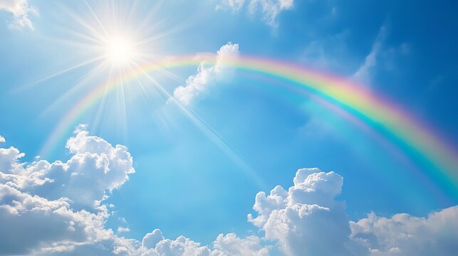Beautiful vibrant double rainbow stretching across clear blue sky with bright sunlight and fluffy white clouds, stunning cloudscape background featuring large double rainbow arcing in right corner.