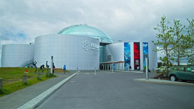 Futuristic revolving glass-domed fine dining restaurant in park setting, landmark in Reykjav&iacute;k, Iceland.  Perlan Natural History Museum in Iceland.