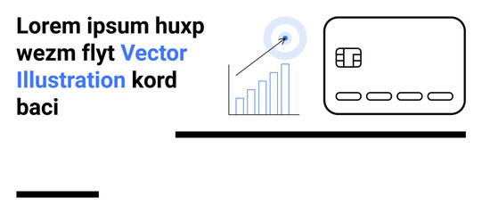 Credit card icon and increasing bar chart with target point. Black and blue lorem ipsum text. Ideal for financial analytics, investment overview, business presentations, fintech, data visualization