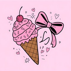 Doodle ice cream cone topped with pink frosting, sprinkles, and a cherry, hearts, stars, illustration