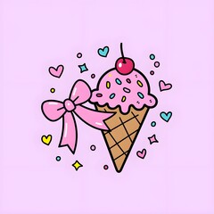 Doodle ice cream cone topped with pink frosting, sprinkles, and a cherry, hearts, stars, illustration
