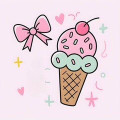 Doodle ice cream cone topped with pink frosting, sprinkles, and a cherry, hearts, stars, illustration