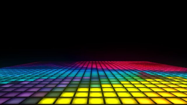 Colorful nightclub LED dance floor with a mosaic pattern of flashing multicolored LED disco lights. This fun dynamic party or event motion background animation is 4k and looping.