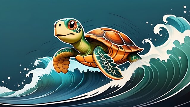 cute cartoon symbol of a turtle riding a wave. sport emblem with an animal in it.