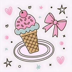 Doodle ice cream cone topped with pink frosting, sprinkles, and a cherry, hearts, stars, illustration