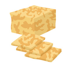 Piece of marble cheese with slices cut. Appetizer for the main course. Fermented milk products. Vector illustration for grocery store and restaurant menu.