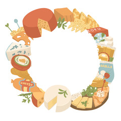 Round frame with space for text surrounded by cheese decor. Appetizer for the main course. Fermented milk products. Vector illustration for a grocery store and restaurant menu.