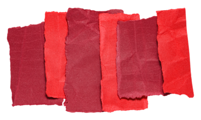 Stack of red crumpled wrinkled crushed pieces scraps, stripes or snippets of torn paper, isolated png transparent background design element