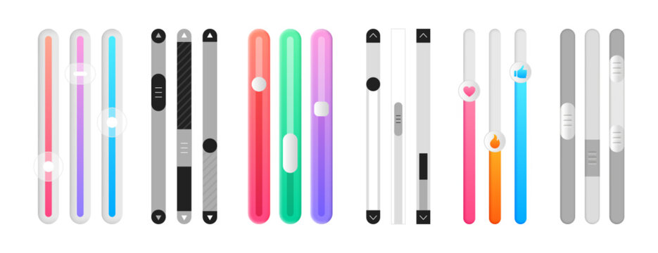 Vector set of scroll bars. Vertical colored sliders, scrollbars. Web design elements for website or internet page. Menu graphic ui interface scrolls control, brightness controller, volume slider.
