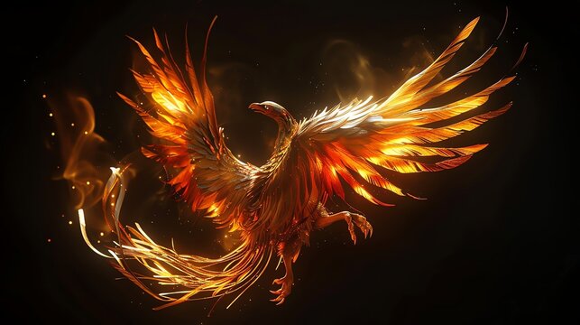A phoenix with fiery wings is rising from the ashes.