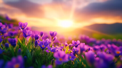 Obraz premium Beautiful Sunrise Over Vibrant Purple Flowers in Scenic Mountain Landscape