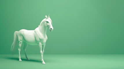 A 3D rendering of a white unicorn against a green background.
