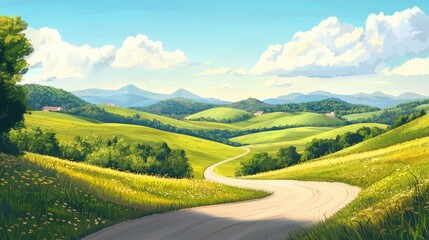 Obraz premium A winding road through rolling green hills with a blue sky and white clouds overhead.