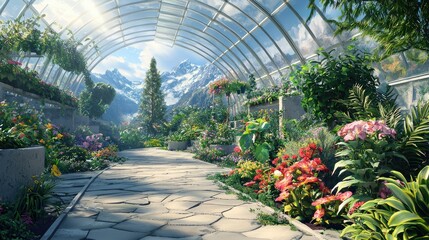 A lush greenhouse with a stone pathway leading to a view of snow-capped mountains.